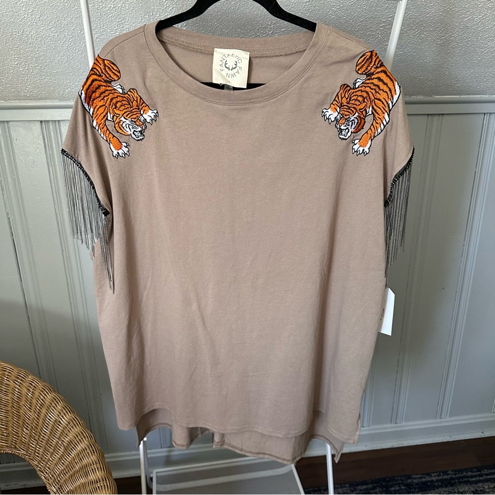 Tiger Shoulder Tunic w/ Beaded Sleeve Fringe